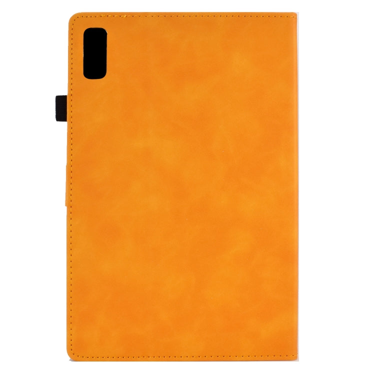 Orange leather tablet case back with camera cutout and stitched edges
