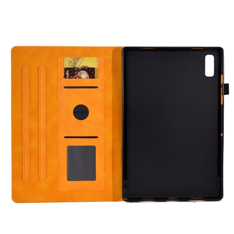 Orange leather tablet case open with card slots and viewing stand