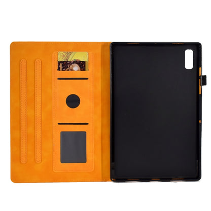 Orange leather tablet case open with card slots and viewing stand