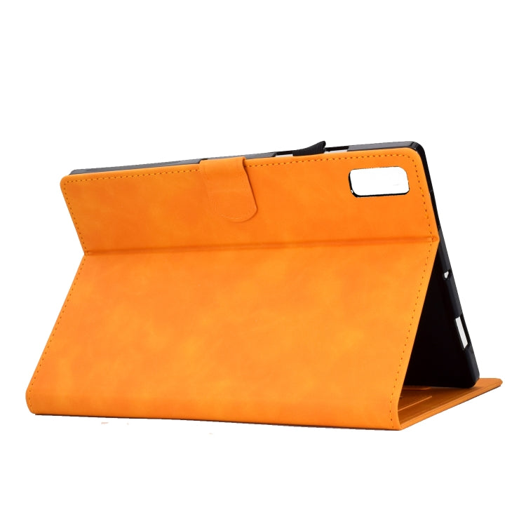 Orange leather folio tablet case with foldable stand and top corner cutout