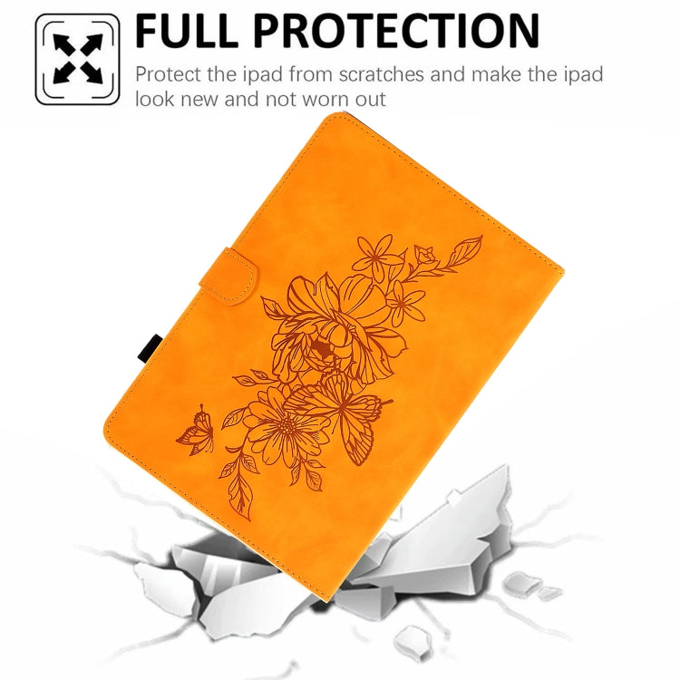 Orange leather tablet case with floral butterfly emboss, angled folio view