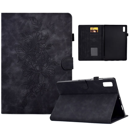 Black leather tablet case with floral butterfly emboss, folio stand with viewing