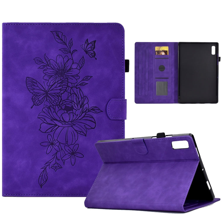 Purple leather tablet case with floral butterfly emboss, folio stand