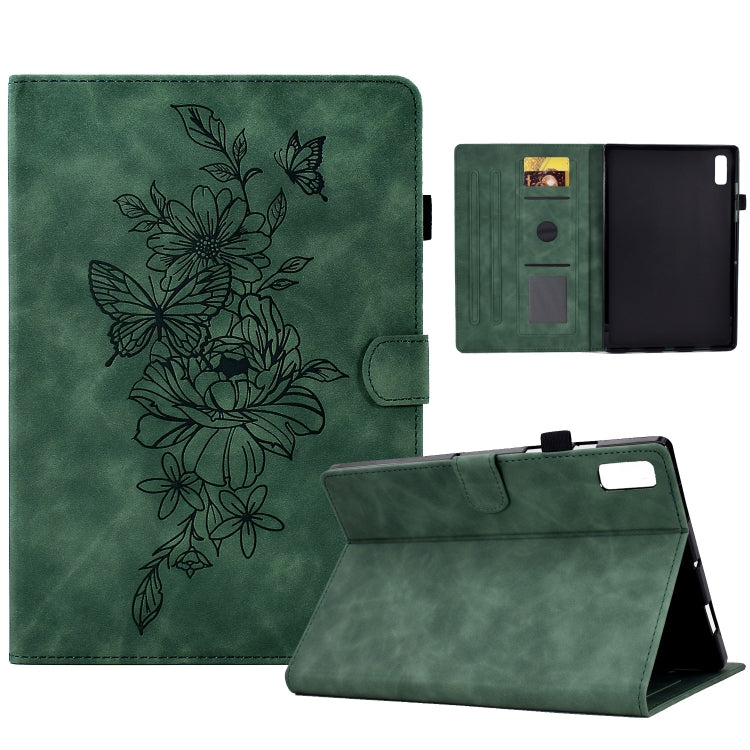 Embossed leather tablet case in dark green with floral peony butterfly design and side openings
