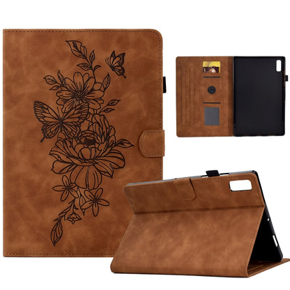 Embossed leather tablet case in tan brown with floral peony butterfly design and stand support