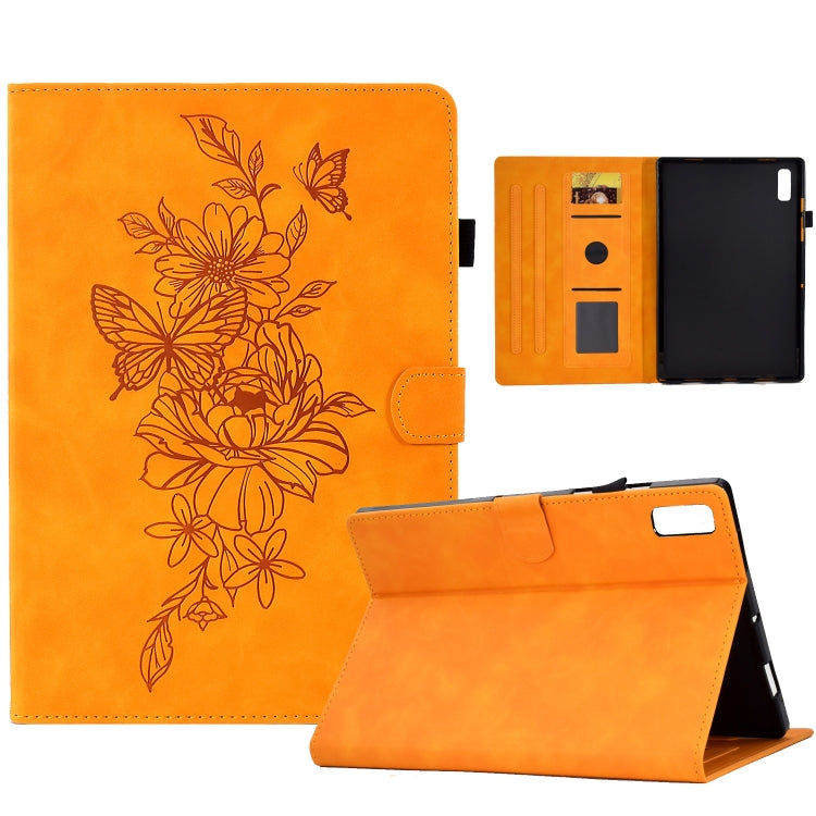 Embossed leather tablet case in orange with floral peony butterfly design and stand cover
