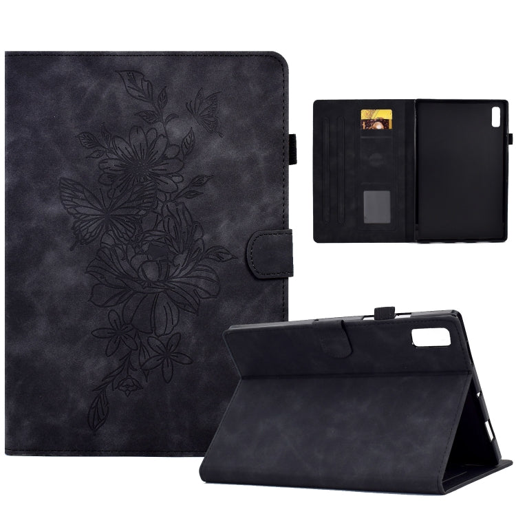Black embossed peony and butterfly leather tablet case with folding stand and card slots