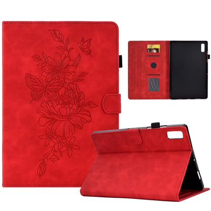 Red embossed peony and butterfly leather tablet case with folding stand and card slots