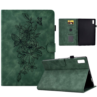 Green embossed peony and butterfly leather tablet case with folding stand and card slots