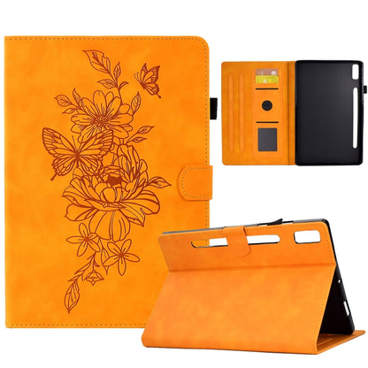 Orange embossed peony and butterfly leather tablet case with folding stand and card slots
