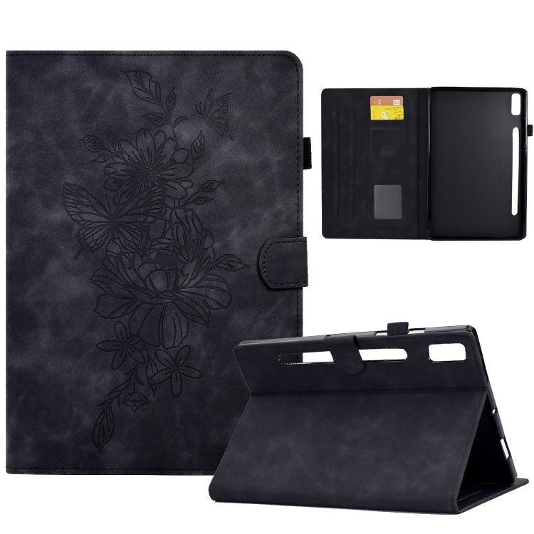 Dark navy embossed peony and butterfly leather tablet case with folding stand and card slots