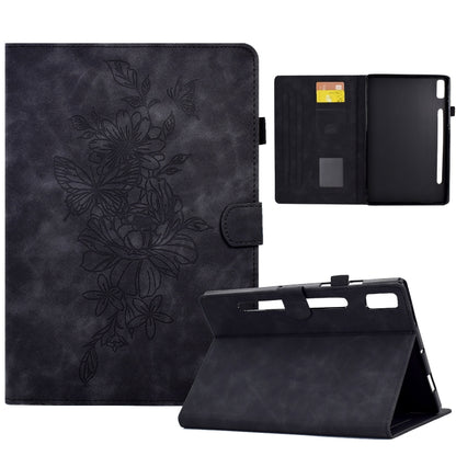 Dark navy embossed peony and butterfly leather tablet case with folding stand and card slots
