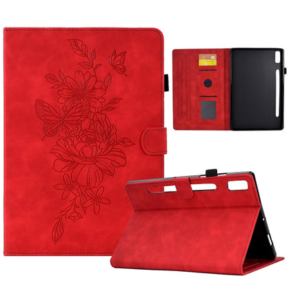 Red embossed peony and butterfly leather tablet case with folding stand and card slots