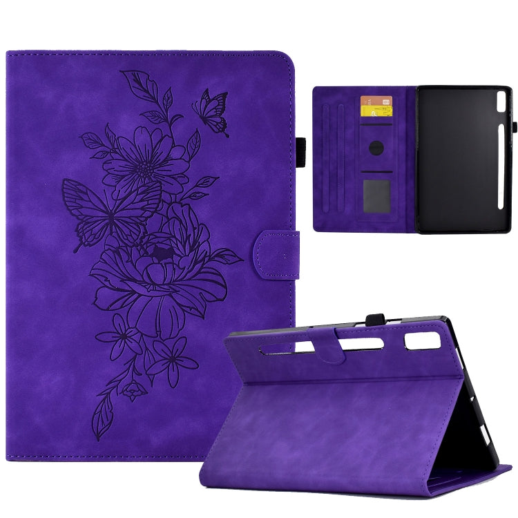 Purple embossed peony and butterfly leather tablet case with folding stand and card slots