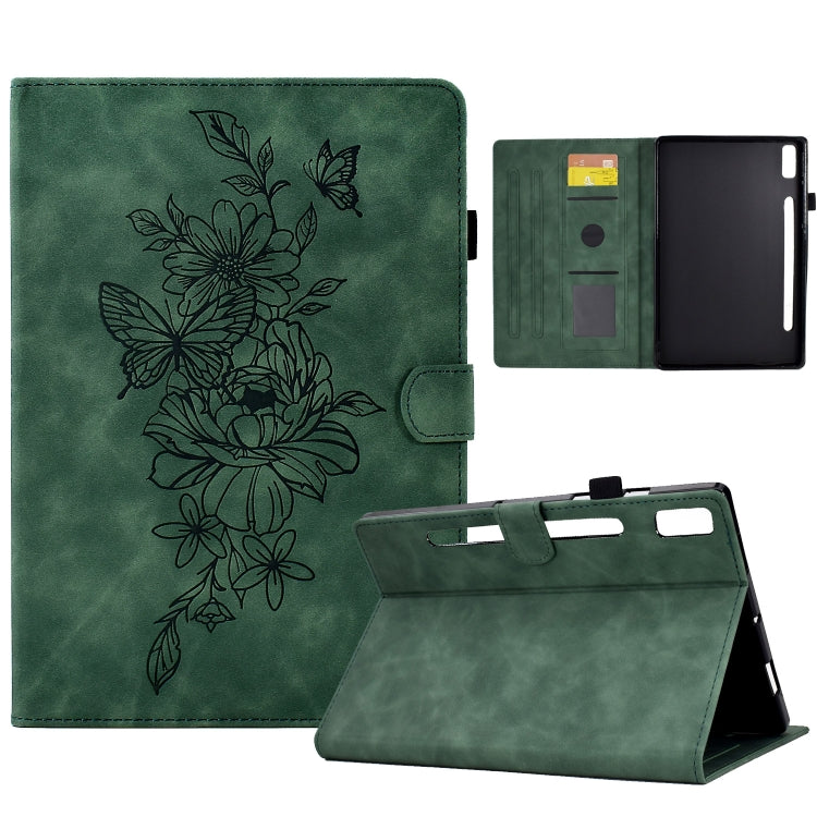 Green embossed peony and butterfly leather tablet case with folding stand and card slots