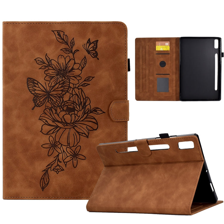 Khaki leather tablet case with floral butterfly emboss, folio stand