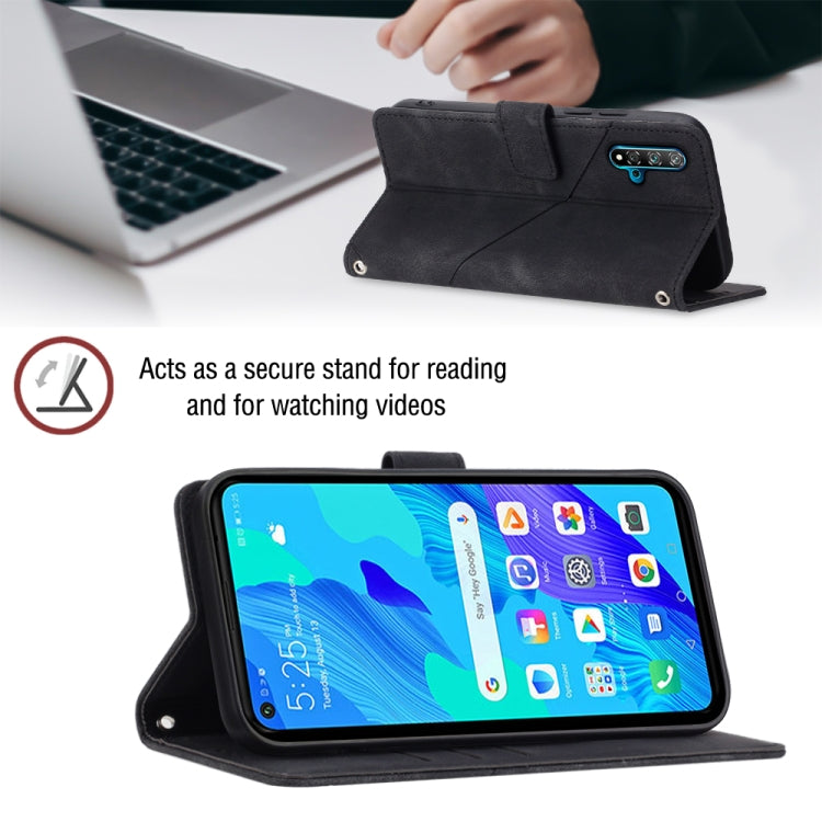 Black leather-style flip phone case with front camera cutout and viewing stand