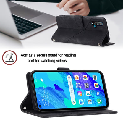 Black leather-style flip phone case with front camera cutout and viewing stand