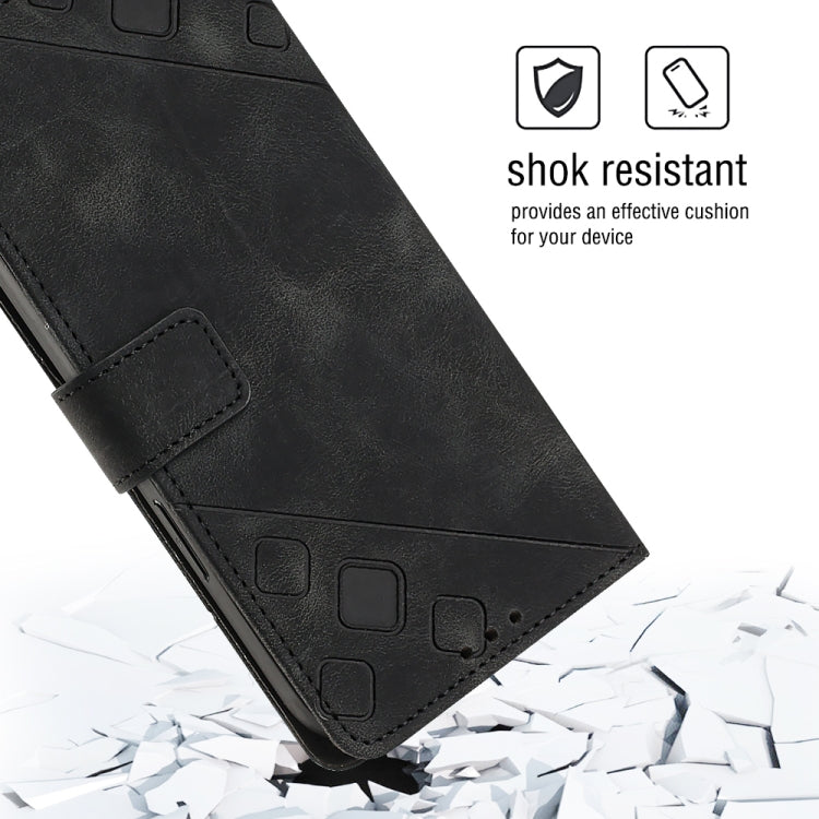 Black leather-style flip phone case with reinforced corner and embossed detailing