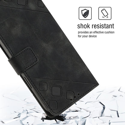 Black leather-style flip phone case with reinforced corner and embossed detailing
