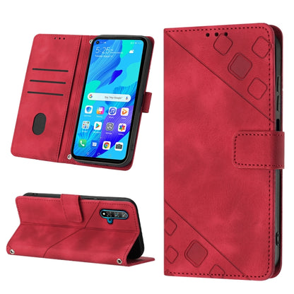 Red embossed leather-style flip phone case with card slots and camera cutout