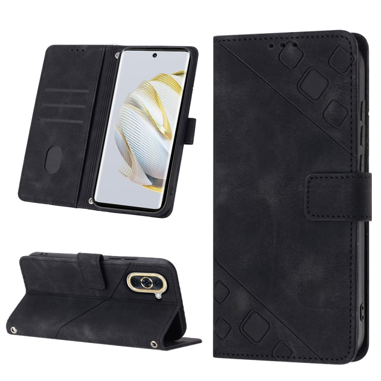 Black embossed leather phone case with flip wallet cover, pocket, and stand