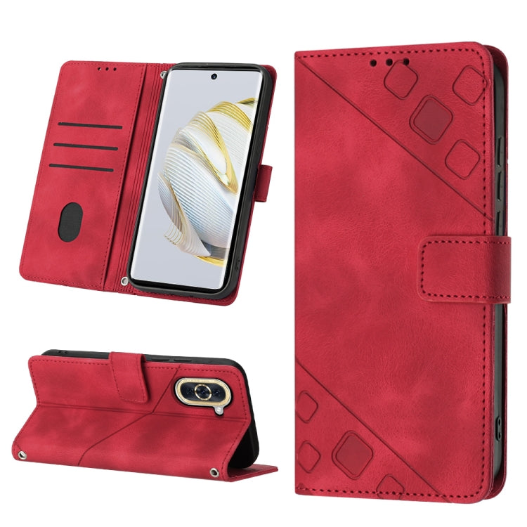 Red embossed leather flip phone case with strap closure, card slots, and stand view