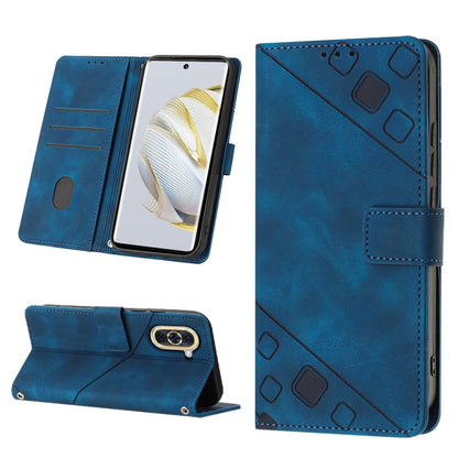 Blue embossed leather flip phone case with strap closure, card slots, and stand view