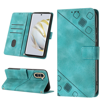 Teal embossed leather flip phone case with strap closure, card slots, and stand view
