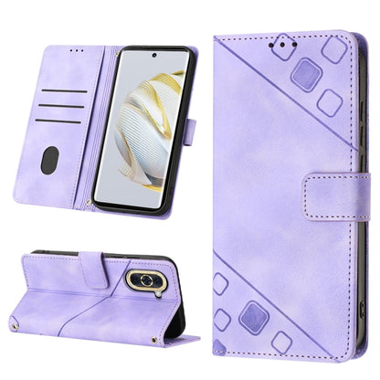 Light purple embossed leather flip phone case with strap closure, card slots, and stand view