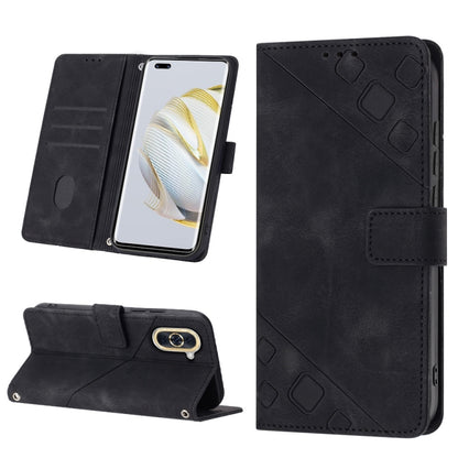 Black embossed leather flip phone case with strap closure, card slots, and stand view