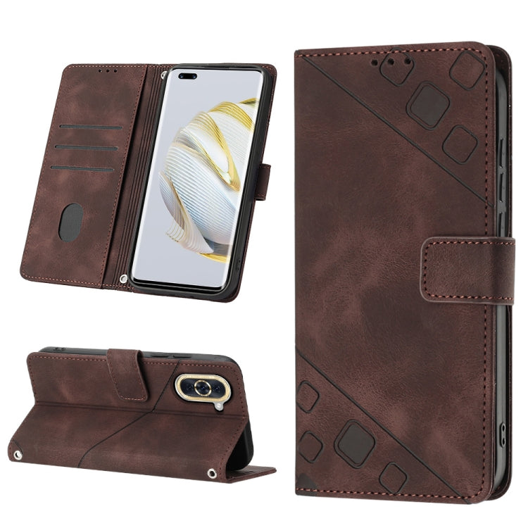 Brown embossed leather flip phone case with strap closure, card slots, and phone stand