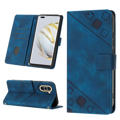 Blue embossed leather flip phone case with strap closure, card slots, and phone stand