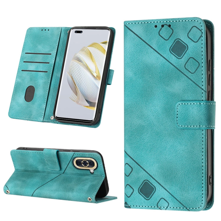 Teal embossed leather flip phone case with strap closure, card slots, and phone stand