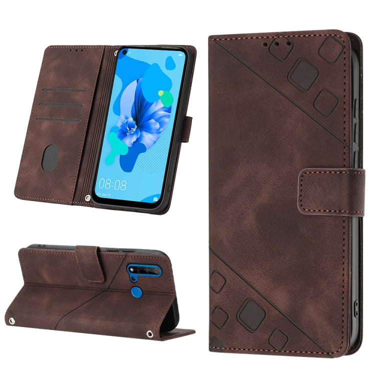 Brown embossed leather phone case with flip wallet cover and stitched side strap
