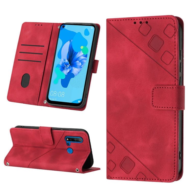 Red embossed leather phone case with flip wallet cover and side camera opening
