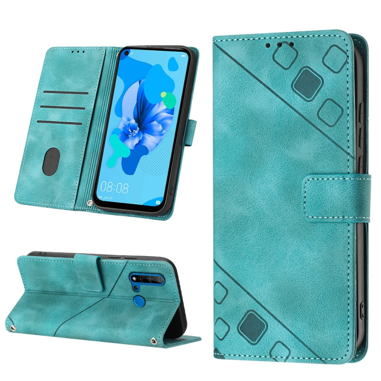 Teal embossed leather phone case with flip wallet cover, magnetic clasp, and stand