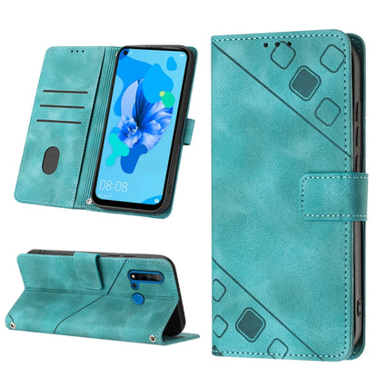 Teal embossed leather phone case with flip wallet cover, magnetic clasp, and stand