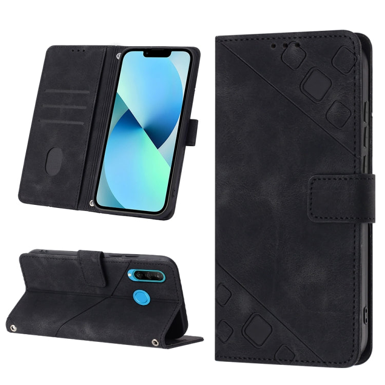 Black embossed leather phone case with flip wallet cover and side button cutouts