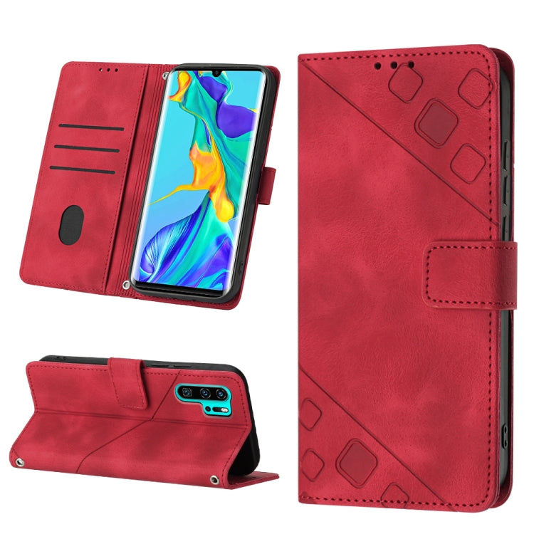 Embossed leather phone case, red flip wallet with kickstand and card slots