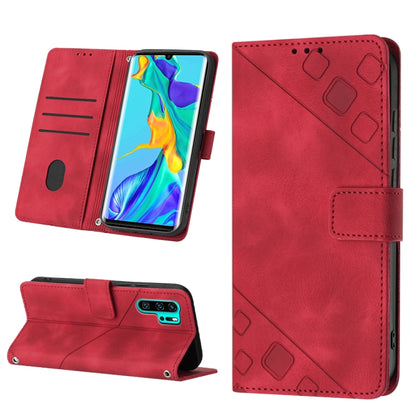 Embossed leather phone case, red flip wallet with kickstand and card slots