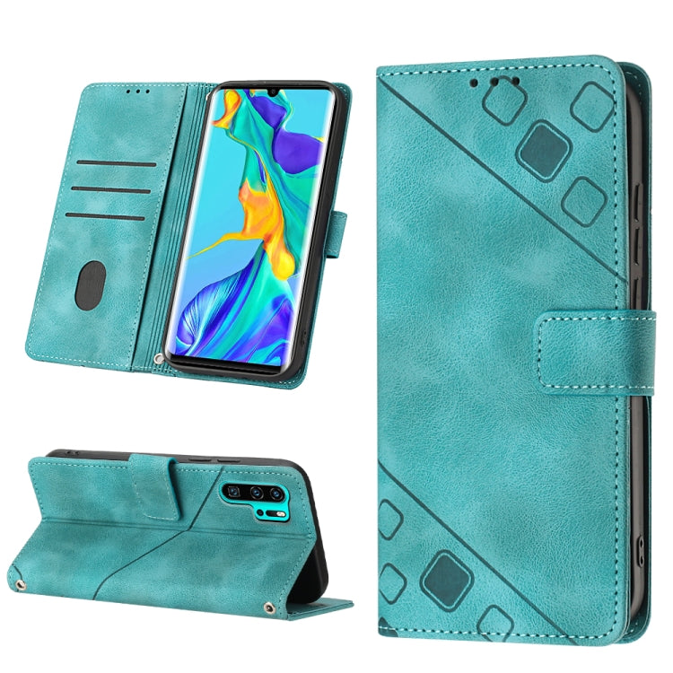 Embossed leather phone case, teal flip wallet with kickstand and card slots