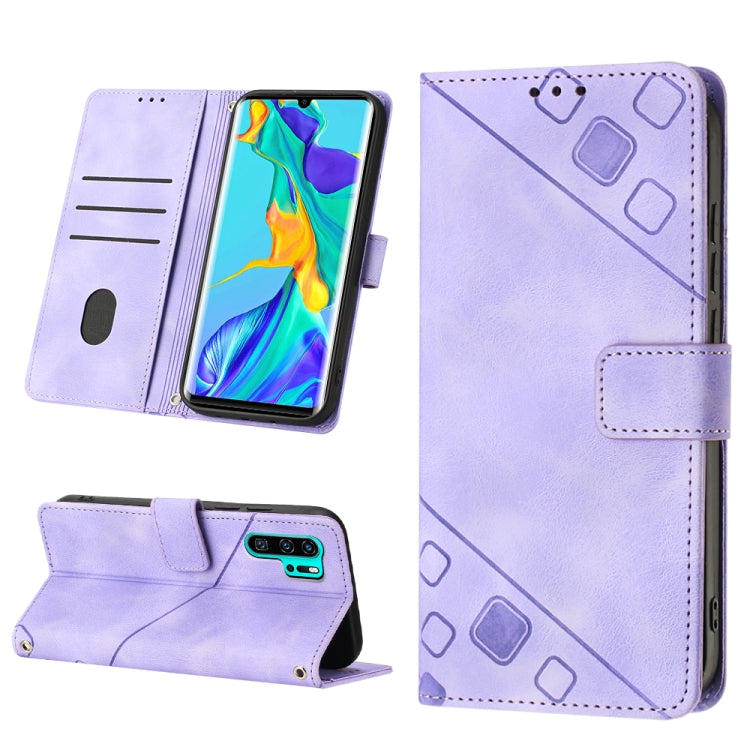Purple embossed leather-style phone case with folio stand and card slots