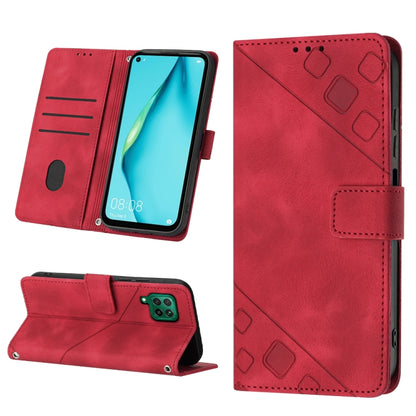 Red embossed leather-style phone case with folio stand and card slots