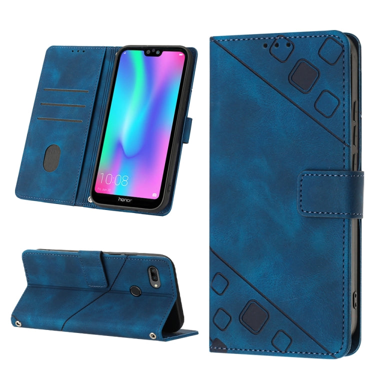 Embossed leather wallet phone case with stand, blue, card slots and magnetic strap