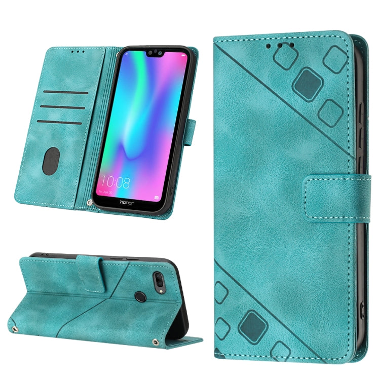 Embossed leather wallet phone case with stand, teal, card slots and magnetic strap