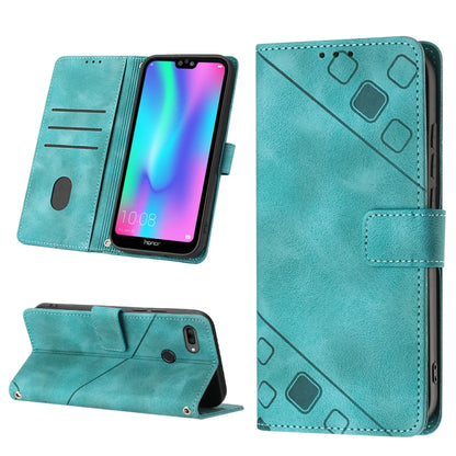 Embossed leather wallet phone case with stand, teal, card slots and magnetic strap