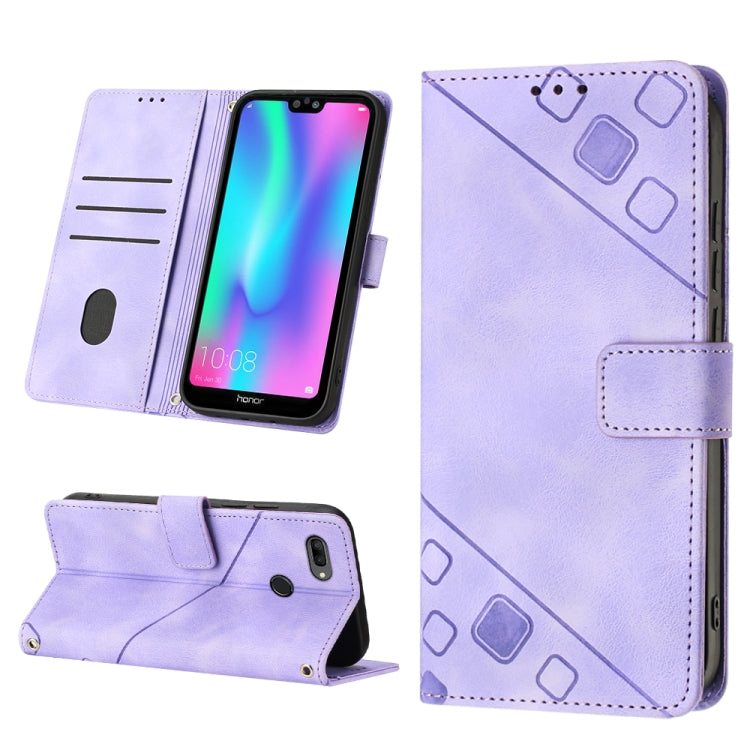 Embossed leather wallet phone case with stand, light purple, card slots and magnetic strap
