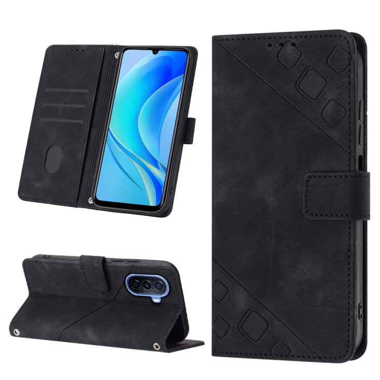 Embossed leather wallet phone case with stand, black, card slots and magnetic strap