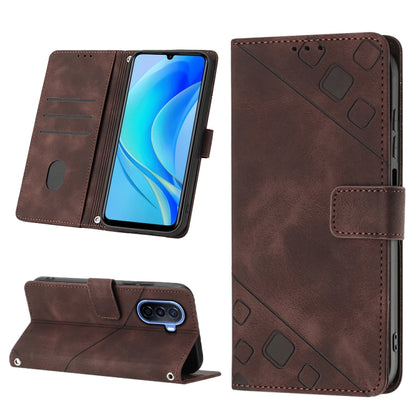 Embossed leather wallet phone case with stand, brown, card slots and magnetic strap